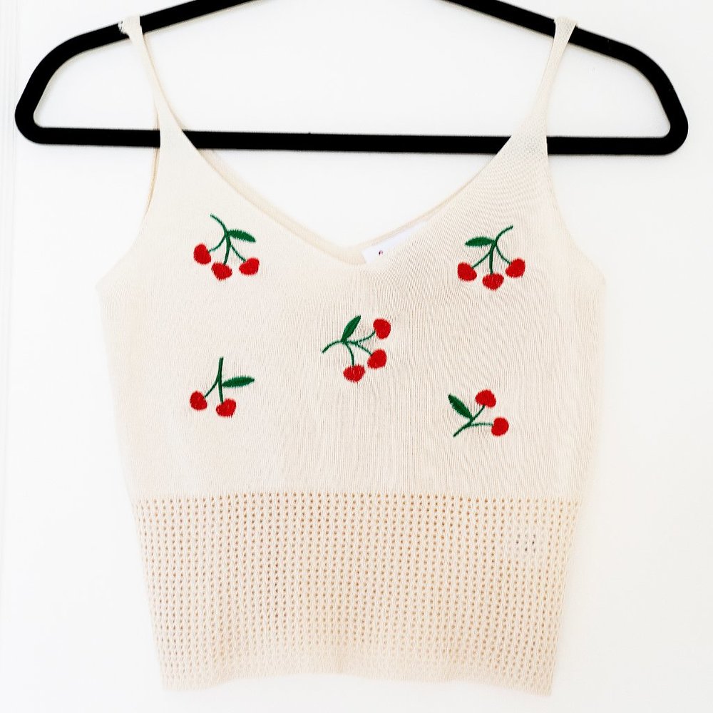 Cherry Print Embroidered Knit Tank